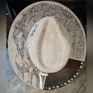 NWT Taupe Fedora Hat hand burned with a horse under a weeping willow